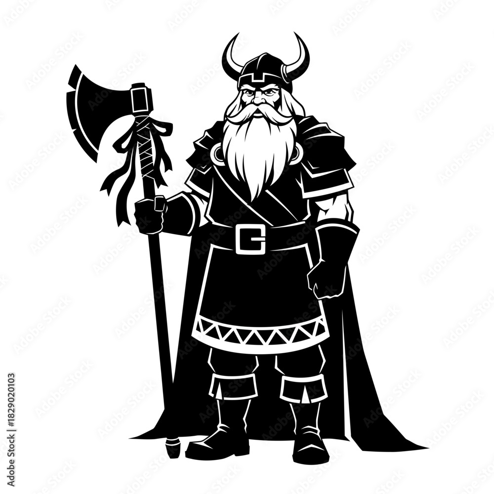 Obraz premium Bold Geometric Black Silhouette of Viking Santa Holding Festive Battle-Axe Fantasy Power