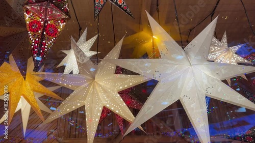 Illuminated Paper Stars Hanging At Christmas Market  Video