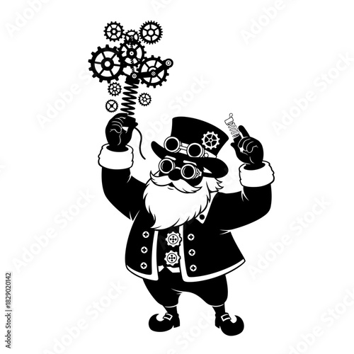 Inventive Steampunk Santa Silhouette Holding a Whimsical Cogwheel Toy Design Engineering