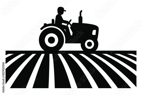 Farmer on Tractor in Field Silhouette Vector, Agriculture Illustration