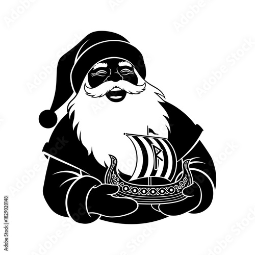 Minimalist Black Silhouette of Jovial Viking Santa with Toy Boat Simple Holiday Art
