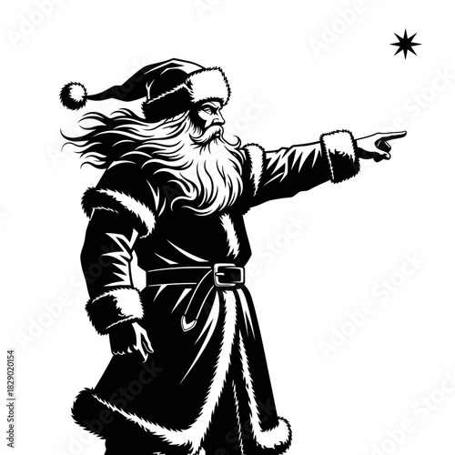 Monochromatic Graphic Novel Silhouette of Viking Santa Pointing to Star Guidance