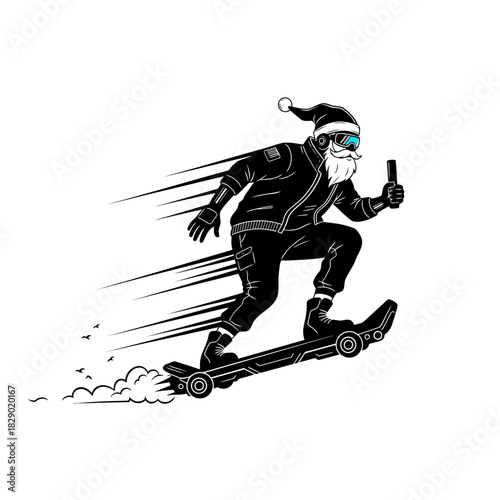 Kinetic Motion Graphics Silhouette of Cyberpunk Santa Speeding on a Cybernetic Hoverboard