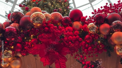 Red Christmas Baubles And Floral Holiday Decoration Video