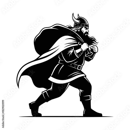 Determined Retro Poster Style Silhouette of Viking Santa Striding Forward Action