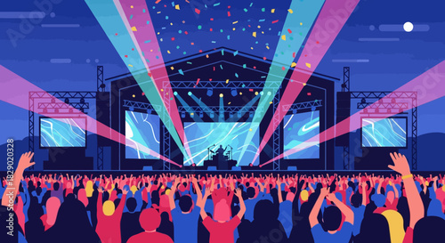 Crowd at concert with stage lights confetti and moon