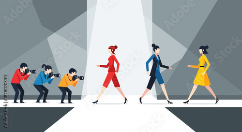 Fashion show illustration featuring three models and three paparazzi taking photos
