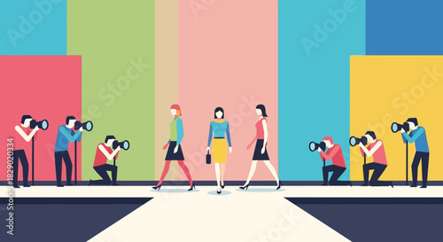 Fashion show Models walk on a runway photographed by paparazzi against a colorful backdrop