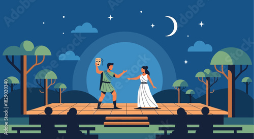 Outdoor stage shows man with mask facing woman under crescent moon  stars