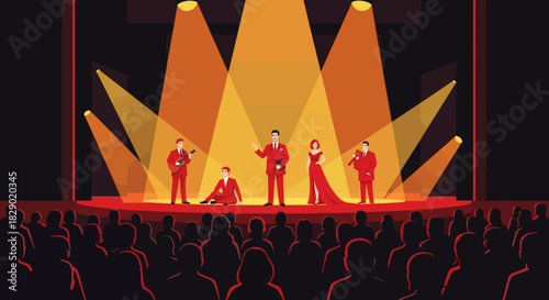 Stage performance five people on a stage illuminated by spotlights with an audience in the foreground