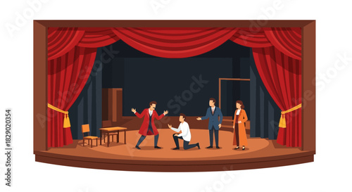 Stage scene actors performing under red curtains