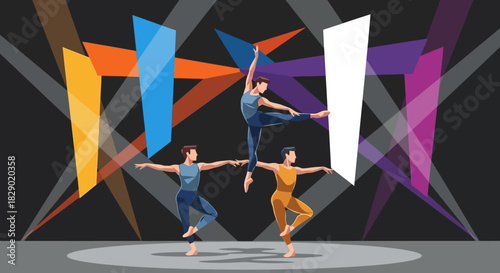Three stylized dancers strike poses on a stage with colorful geometric backdrop