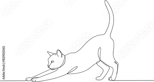 Graceful Cat Stretching Pose in Continuous Line Art Minimalist Design