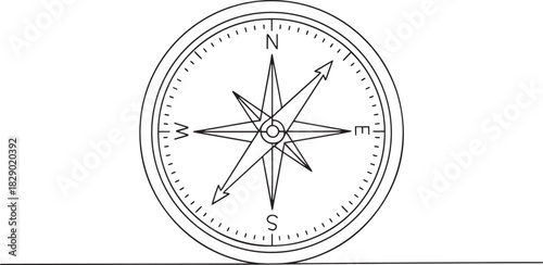 Detailed Compass Rose Continuous Line Art - Navigation and Guidance Icon