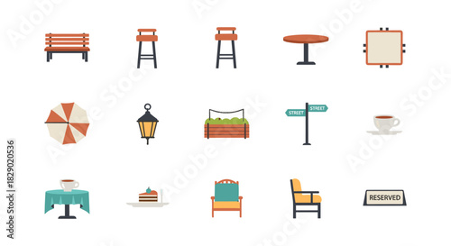 Flat outdoor furniture and café elements set with minimalist design