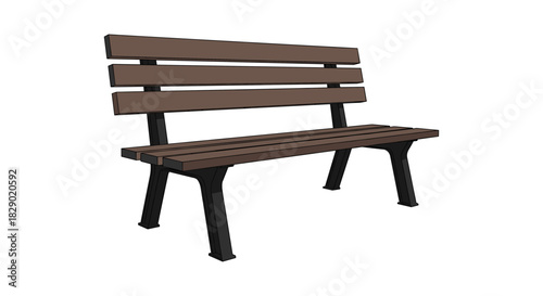 Simple wooden park bench with metal legs on white background