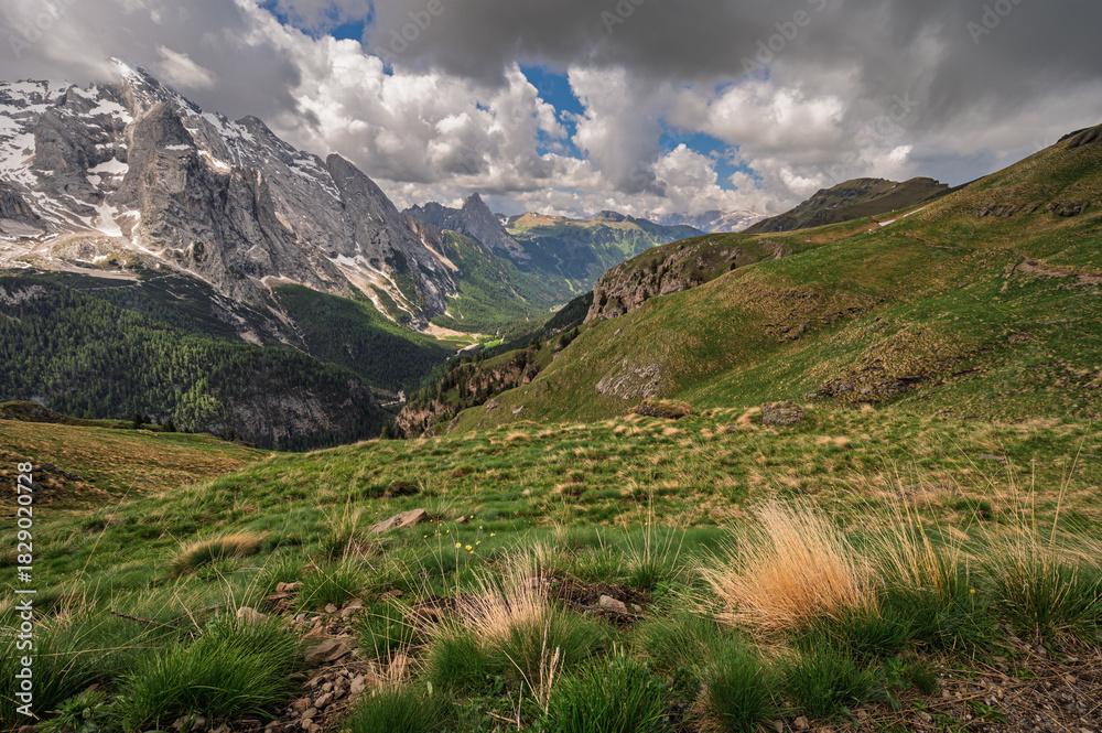 Fototapeta premium Marmolada mountain range seen from the viel del pan trail during a summer cloudy day, Canazei, Dolomites, Italy