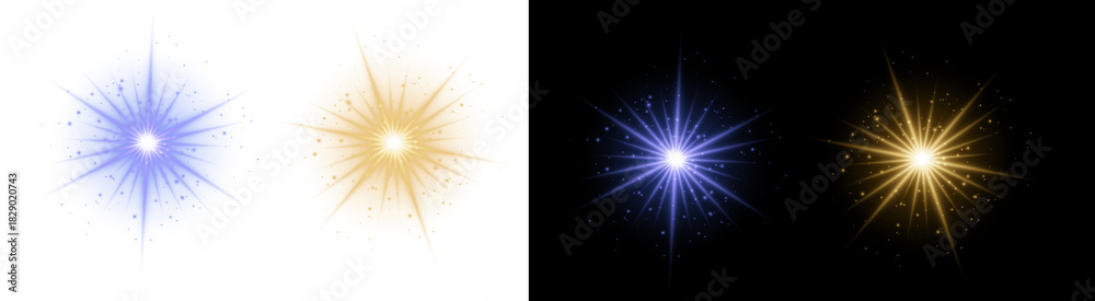 Naklejka premium PNG image of&nbsp;Collection of sparkling light effects in blue and gold tones against a black backdrop perfect for adding a magical touch to graphic designs and creative projects on transparent background