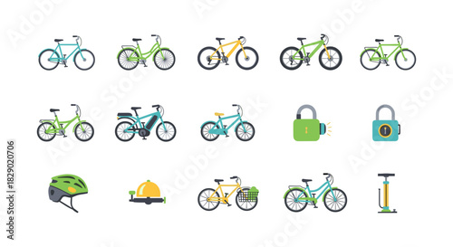 Bicycle icons with safety gear in flat design