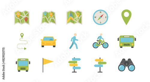Travel and navigation flat icons set: maps, compass, vehicles, and signposts for transportation design