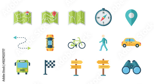Navigation and travel icons: compass, map, car, bicycle, flag, and more