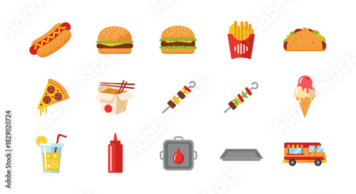 Colorful fast food icons set featuring burgers, hot dogs, pizza, and more
