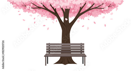 Cherry blossom tree with bench: peaceful springtime scene