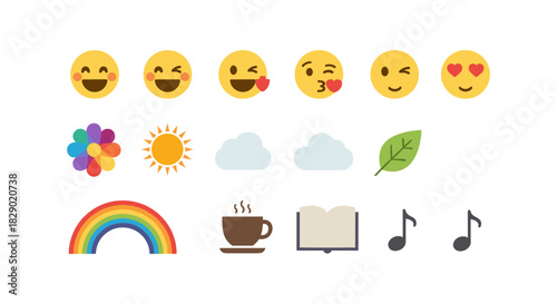 Colorful emoji and icon set with smileys, weather, and lifestyle symbols