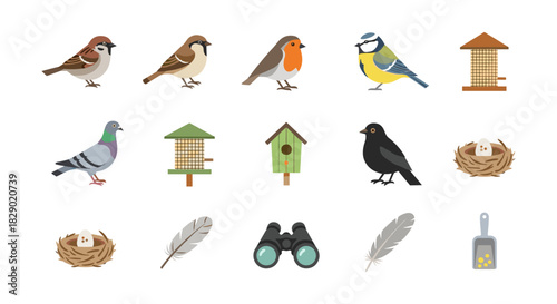 Set of flat bird icons and birdhouse with feathers, nests, and bird feeder
