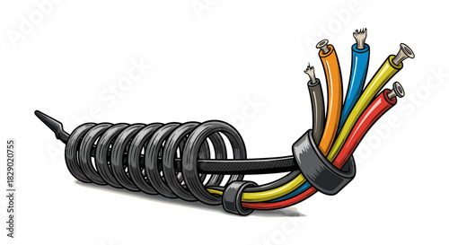 Colorful coiled cable with exposed wires on white background