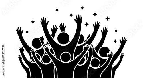 Celebratory silhouette people raising hands with sparkling stars on white background