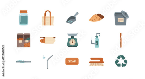 Eco-friendly zero waste lifestyle icons: sustainable living essentials in flat design