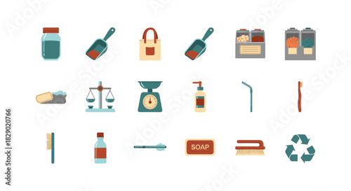 Zero waste flat design icons: sustainability essentials for eco-friendly living