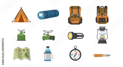 Camping essentials set: tent, backpack, lantern, and outdoor gear icons for adventure enthusiasts