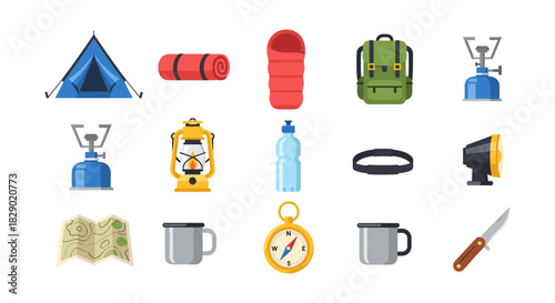 Camping essentials kit: gear and equipment icons for outdoor adventures