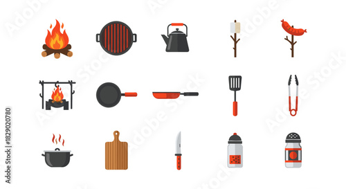 Outdoor cooking tools and food icons for barbecue and camping