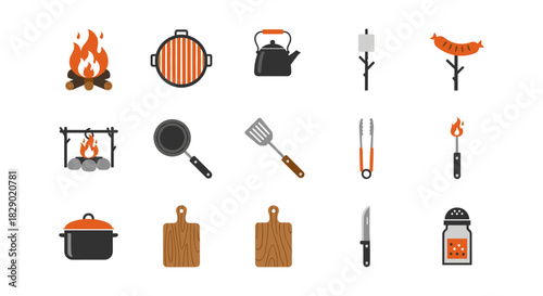 Flat style camping and cooking icons set featuring grill, fire, and utensils