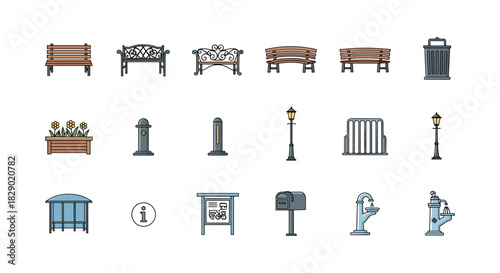 Urban outdoor furniture collection featuring benches, trash cans, and street lamps in linear style