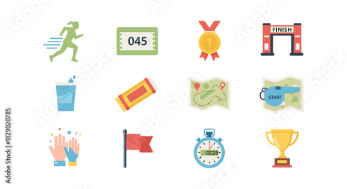 Flat style marathon elements: icons of running, medals, maps, and finish lines
