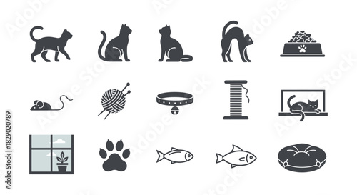 Silhouette icons of cats and pet accessories for a modern design