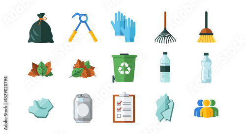 Flat style recycling and cleanup icons: tools, waste, and community engagement