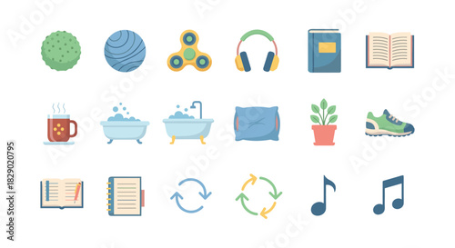 Flat design icons: leisure, music, and relaxation essentials