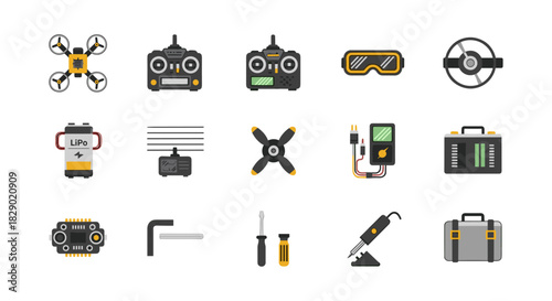 Drone equipment icons set with controllers, batteries, and tools in flat design style