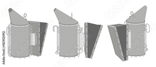 Vector illustration of a stainless steel bee smoker, isolated on a white background. Ideal for beekeeping themes and related designs.
