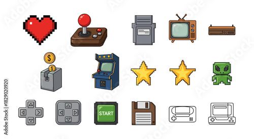 Retro gaming icons: pixel and vintage style game elements for nostalgic design projects