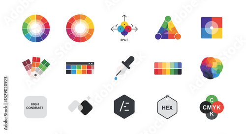 Color theory icons set with wheel, picker, and palette symbols for design