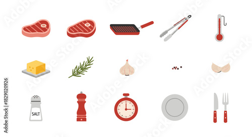 Grill essentials: steak, utensils, and seasonings for outdoor cooking