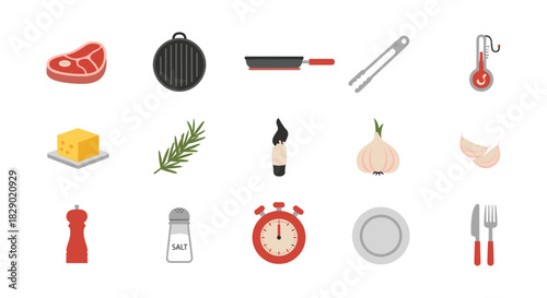 Essential bbq cooking icons: grill, utensils, ingredients, timer, garlic, cheese