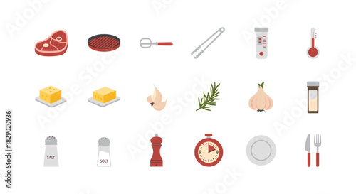 Essential bbq icons collection: meat, grilling tools, seasonings, and herbs