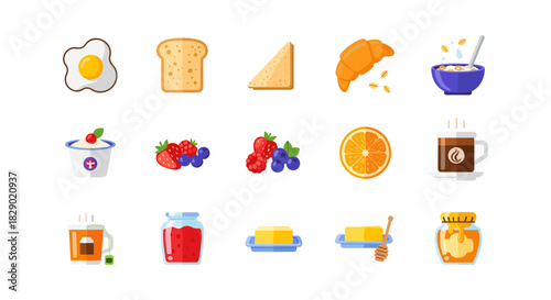 Delicious breakfast icons with toast, eggs, and fruit in flat style